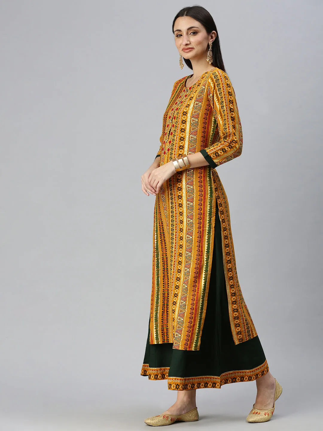 Women Straight Mustard Printed Kurta and Palazzos